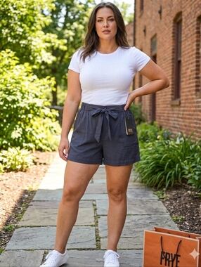 FRYE Tie-Waist High-Rise Shorts Stone Gray X-LARGE